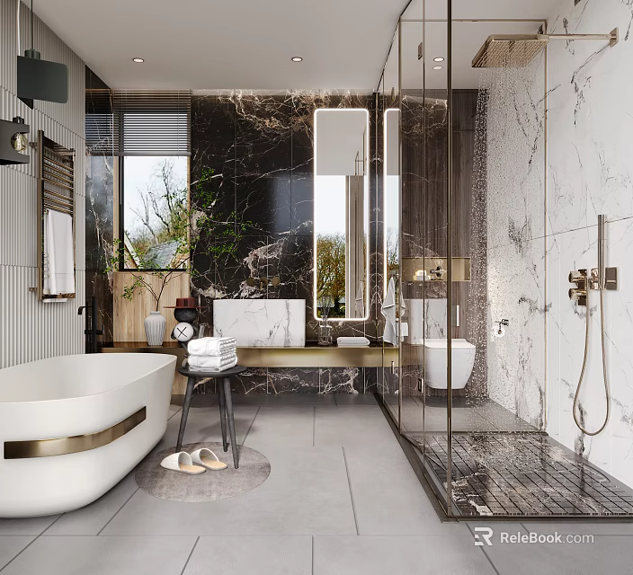 Elegant Luxury Modern Bathroom With Marble Decor Freestanding Tub And Glass Shower Interior Design 3d model 