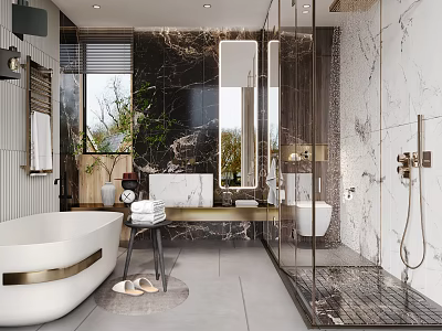Elegant Luxury Modern Bathroom With Marble Decor Freestanding Tub And Glass Shower Interior Design 3d model