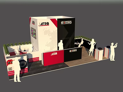 Mall Retail Kiosk Featuring ATEQ RACO Brand With Customers And Green Plants Display Area 3d model