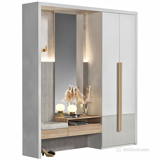 Modern Entryway Cabinet and Side Cabinet with Wooden Design Pampas Grass and Table Lamps 3d model 
