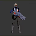 Futuristic Sci Fi Warrior In Blue White Red Outfit With Helmet And Large Tactical Rifle