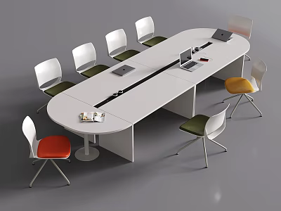 White Oval Conference Table with Colorful Chairs Laptop and Documents on Top 3d model