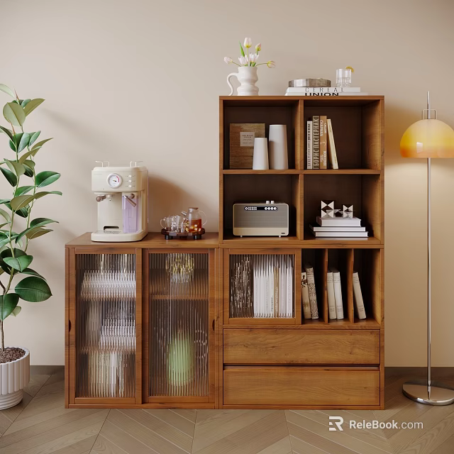 Wooden Cabinet With Glass Doors And Bookshelf Featuring Sewing Machine Radio And Decorative Items 3d model 