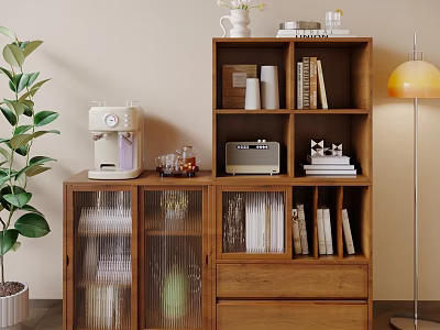 Wooden Cabinet With Glass Doors And Bookshelf Featuring Sewing Machine Radio And Decorative Items 3d model