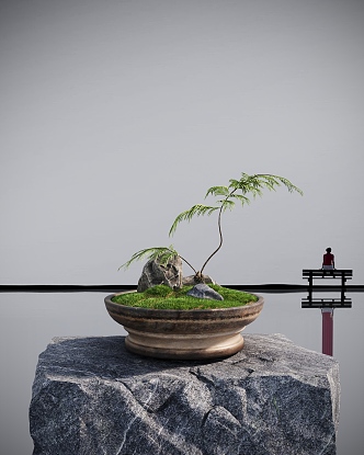 Potted moss plant stone 3d model