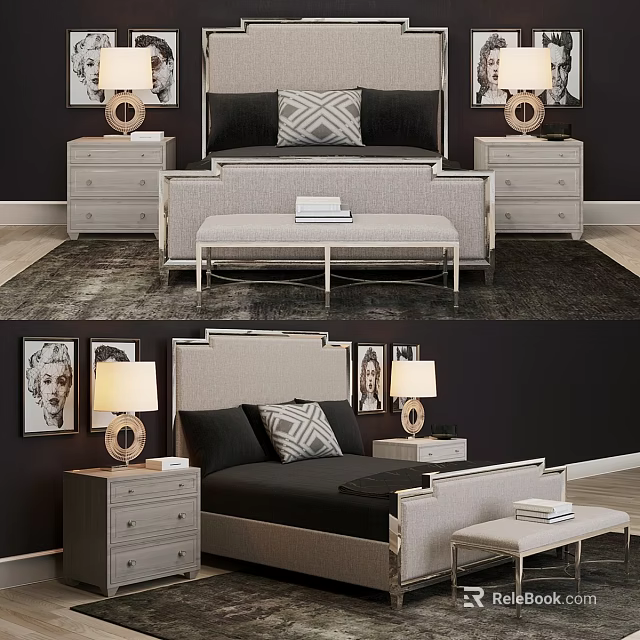 Modern Double Bed Interior With Upholstered Headboard Nightstands And Table Lamps 3d model 