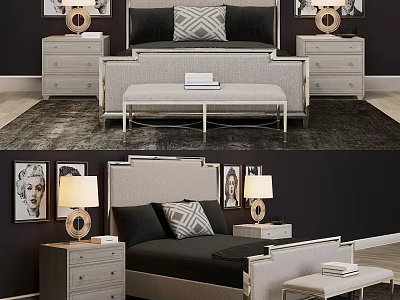 Modern Double Bed Interior With Upholstered Headboard Nightstands And Table Lamps 3d model