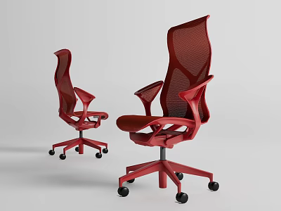 Two Red Modern Office Chairs With Mesh Backrest Armrests And Swivel Wheels 3d model