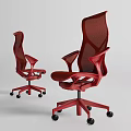 Two Red Modern Office Chairs With Mesh Backrest Armrests And Swivel Wheels