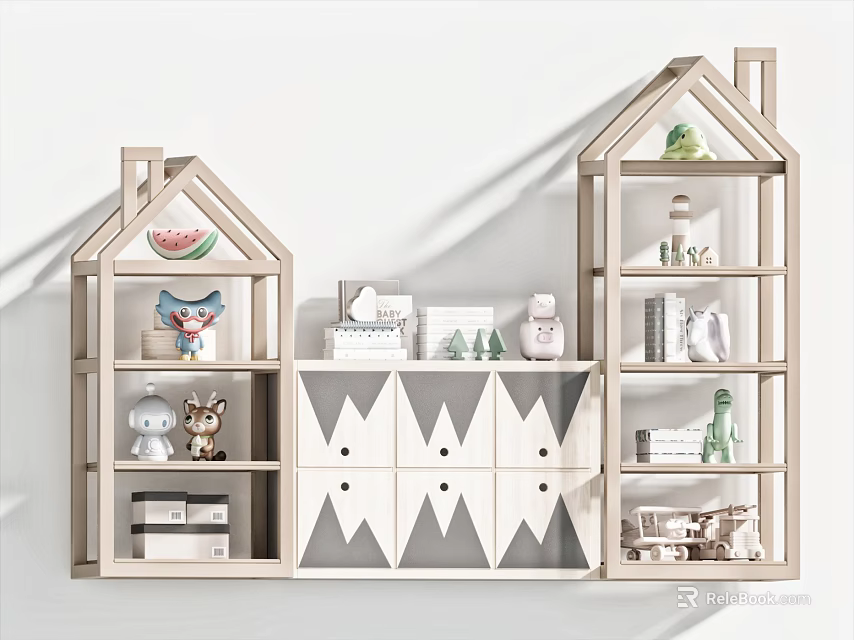 Wooden Decorative Cabinet with House Design Geometric Pattern Drawers and Shelves for Decorative Items 3d model 