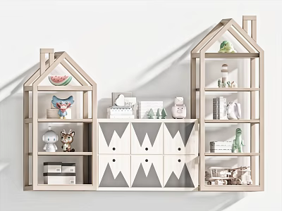 Wooden Decorative Cabinet with House Design Geometric Pattern Drawers and Shelves for Decorative Items 3d model