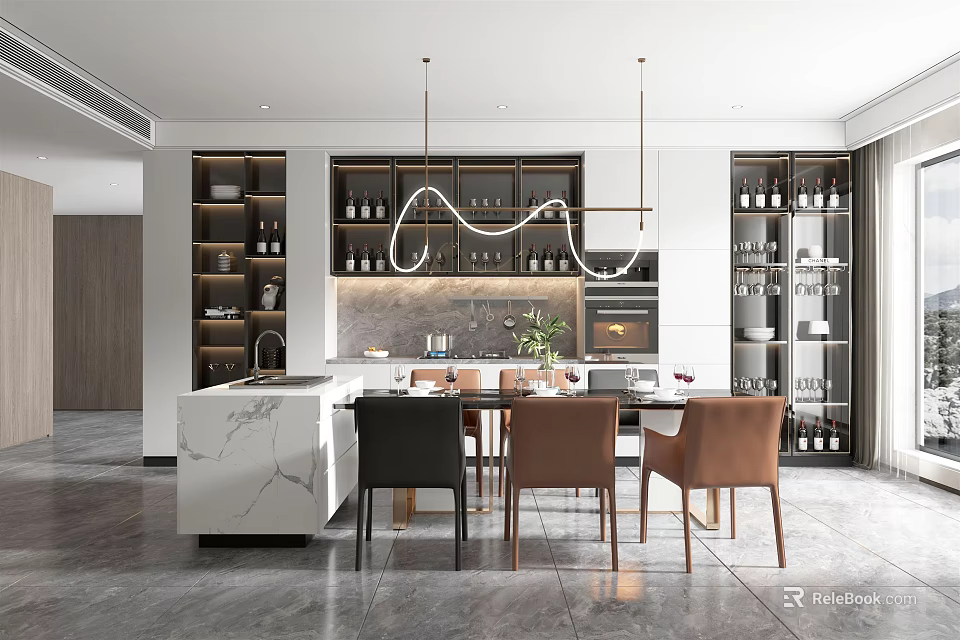 Modern Restaurant Interior Design With Marble Island Dining Table Chairs Wine Display And Pendant Lights 3d model 