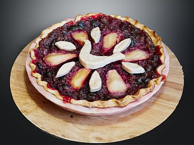 Delicious Fruit Pie With Berry Filling Topped With Pear And Banana Slices On Wooden Board 3d model