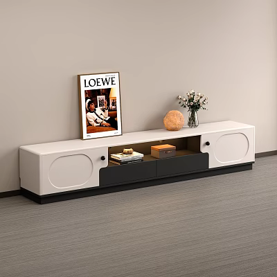 Modern White and Black TV Stand with Magazine Vase and Globe Lamp Decoration 3d model