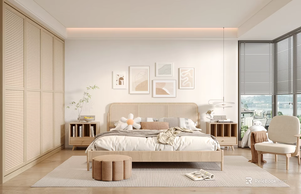 Modern Minimalist Bedroom Interior Design With Wall Art Wooden Wardrobe And Roller Blinds 3d model 