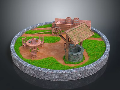 Circular Stone Wall Enclosed Courtyard With Thatched Well Wooden Barrel Cart And Chairs 3d model