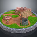 Circular Stone Wall Enclosed Courtyard With Thatched Well Wooden Barrel Cart And Chairs