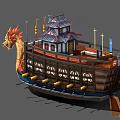Traditional Dragon Head Ship With Ancient Architectural Structure And Decorative Flags 3d model