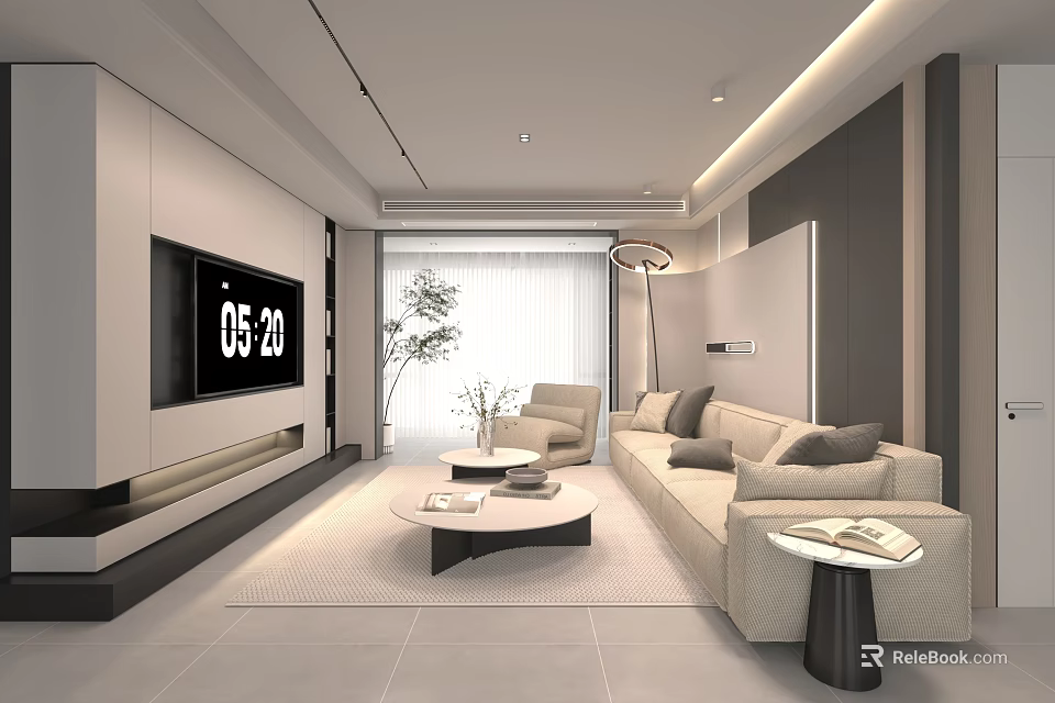 Modern Minimalist Light Tone Living Room With Comfortable Sofa Round Coffee Tables And Soft Lighting 3d model 
