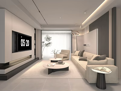 Modern Minimalist Light Tone Living Room With Comfortable Sofa Round Coffee Tables And Soft Lighting 3d model