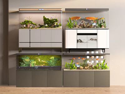 Multiple Aquariums With Decorative Plants Various Setups And Cabinet Stands For Home Interior 3d model
