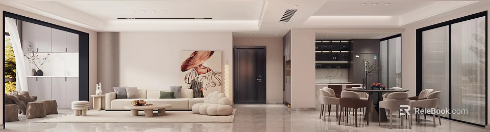 Modern Living and Dining Room Interior With Sofa Portrait Painting White Ottomans And Dining Chairs 3d model 