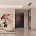 Modern Living and Dining Room Interior With Sofa Portrait Painting White Ottomans And Dining Chairs
