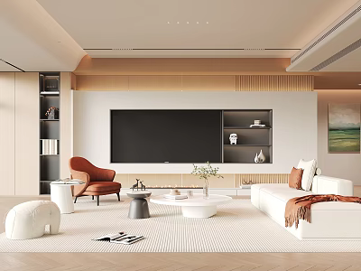 Modern Living Room Interior With White Sofa Orange Armchair TV Wall And Wooden Shelves 3d model