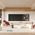 Modern Living Room Interior With White Sofa Orange Armchair TV Wall And Wooden Shelves