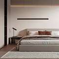 Modern Bedroom Interior With Platform Bed Pillows Pendant Lights Area Rug And Accent Chair