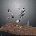 Tabletop Scene With Wooden Surface Floating Teapot Teacup And Scattered Playing Cards