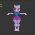 Blue Cartoon Cat Character With Big Eyes White Shirt Green Button And Beige Skirt