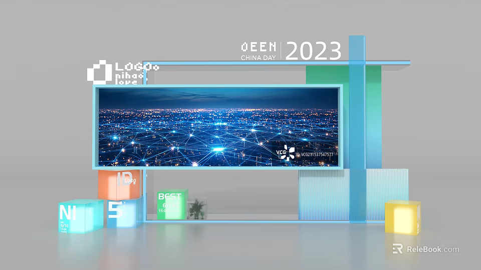 Modern QEEH 2023 Event Display Wall With Network Nodes And Colorful Cubes 3d model 