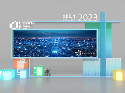 Modern QEEH 2023 Event Display Wall With Network Nodes And Colorful Cubes 3d model