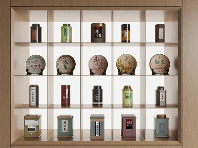 Wooden Display Shelf With Various Tea Cans And Round Tea Cakes Arrangement 3d model