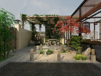 Traditional Chinese Garden Landscape with Pergola Climbing Plants Red Maple Tree Bamboo and Stone Lanterns 3d model