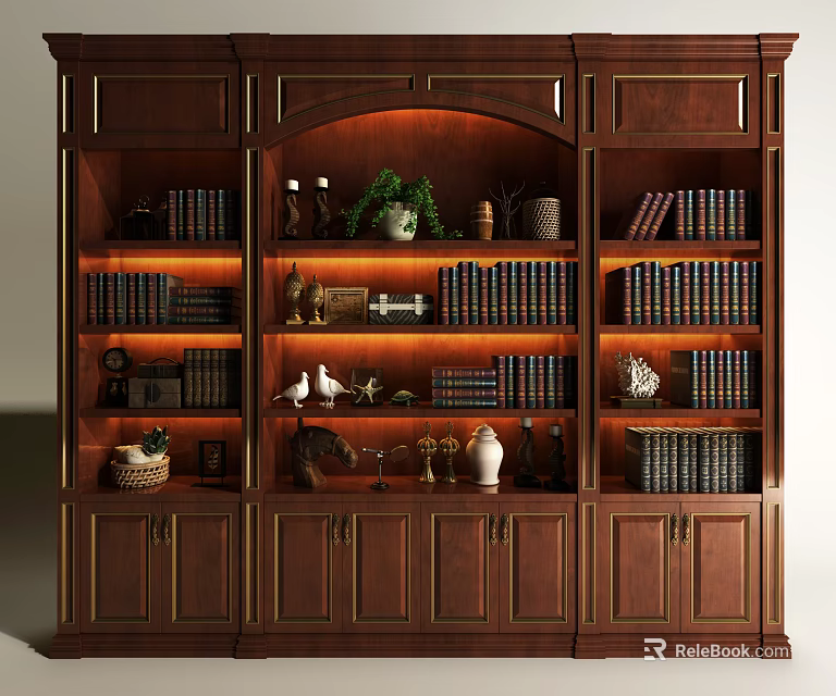 Dark Wooden Bookcase With Multiple Compartments Books Decorative Items And Green Plant 3d model 