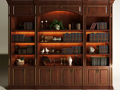 Dark Wooden Bookcase With Multiple Compartments Books Decorative Items And Green Plant 3d model