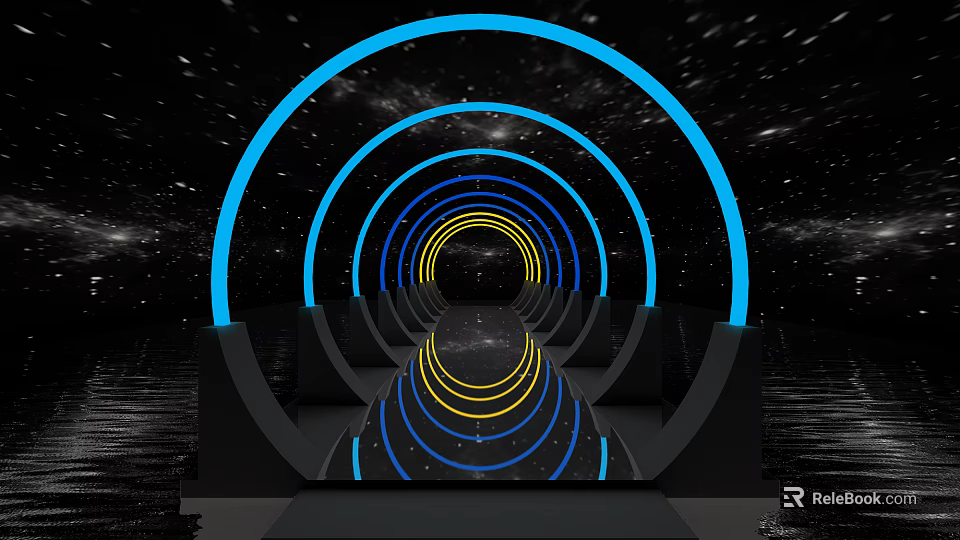 Futuristic Office Corridor With Blue Yellow Glowing Rings And Starry Sky Background 3d model 