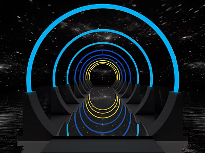 Futuristic Office Corridor With Blue Yellow Glowing Rings And Starry Sky Background 3d model