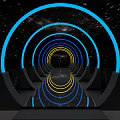 Futuristic Office Corridor With Blue Yellow Glowing Rings And Starry Sky Background