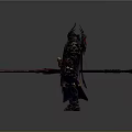 Fantasy Warrior Character With Intricate Armor Horns Weapon And Glowing Red Gems