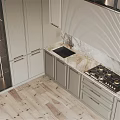 Modern Kitchen Interior With Light Gray Cabinets Marble Countertop Built in Oven And Wine Rack