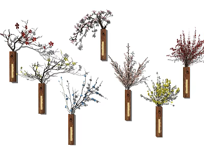 Colorful Floral Branch Wall Decor With Wooden Holders For Home Interior 3d model