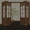 Open Wooden Folding Doors With Glass Panels Decorative Patterns And Green Plant In Indoor
