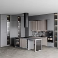 Modern Kitchen Interior With Gray Cabinets Marble Countertop Black Range Hood And Wine Rack