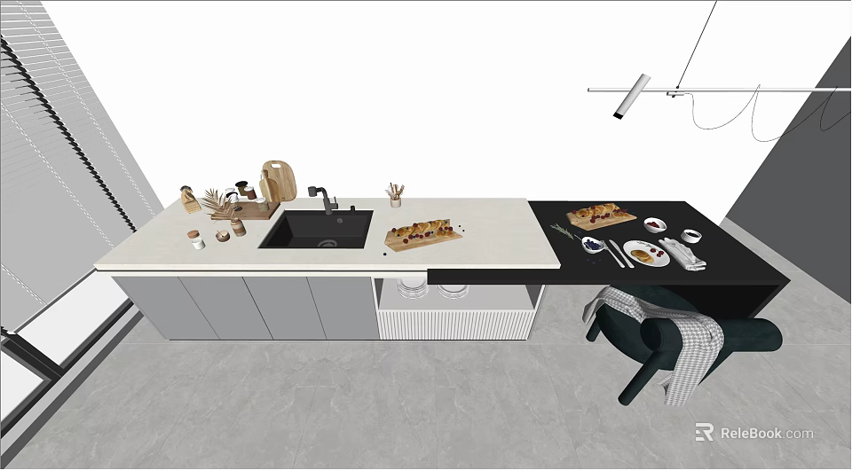 Modern Kitchen Island With Sink Dining Table And Pendant Light Fixture 3d model 
