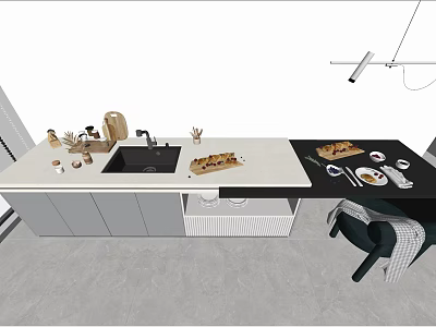 Modern Kitchen Island With Sink Dining Table And Pendant Light Fixture 3d model