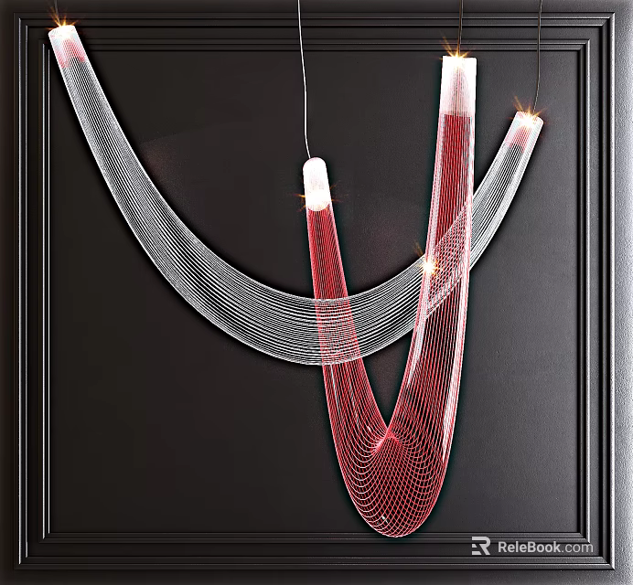 Modern Artistic Red And White Curved Line Chandelier With Wire Frame Illuminated In Indoor Space 3d model 
