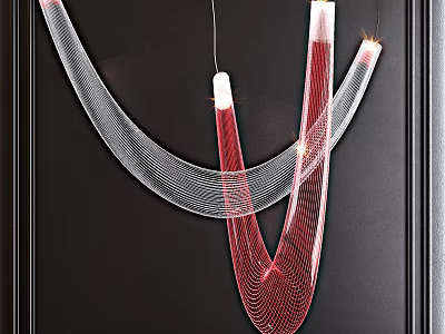 Modern Artistic Red And White Curved Line Chandelier With Wire Frame Illuminated In Indoor Space 3d model